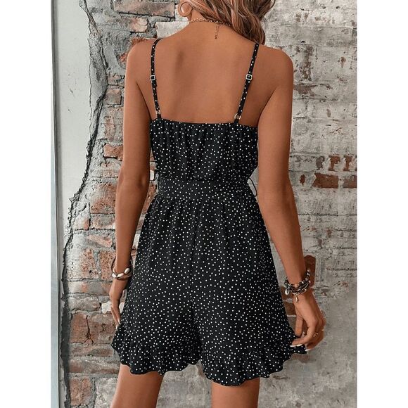 Polka Dot Ruffle Hem Belted Cami Romper New Black Size Small (4) Women's - Picture 2 of 3